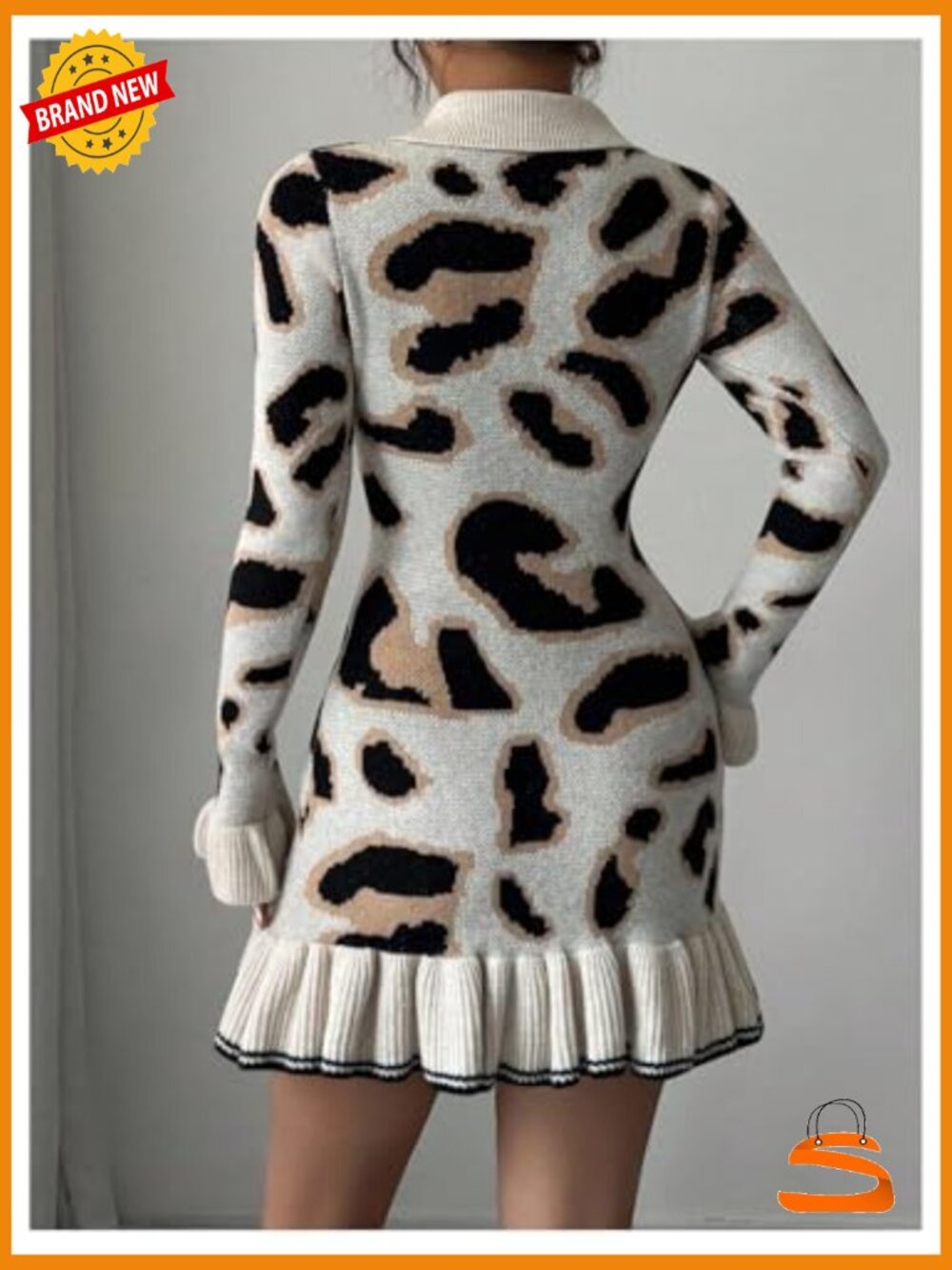 Leopard Print Sweater Dress Long Sleeve Collar Neck Ruffle Hem Mini Bodycon - Picture 2 of 5